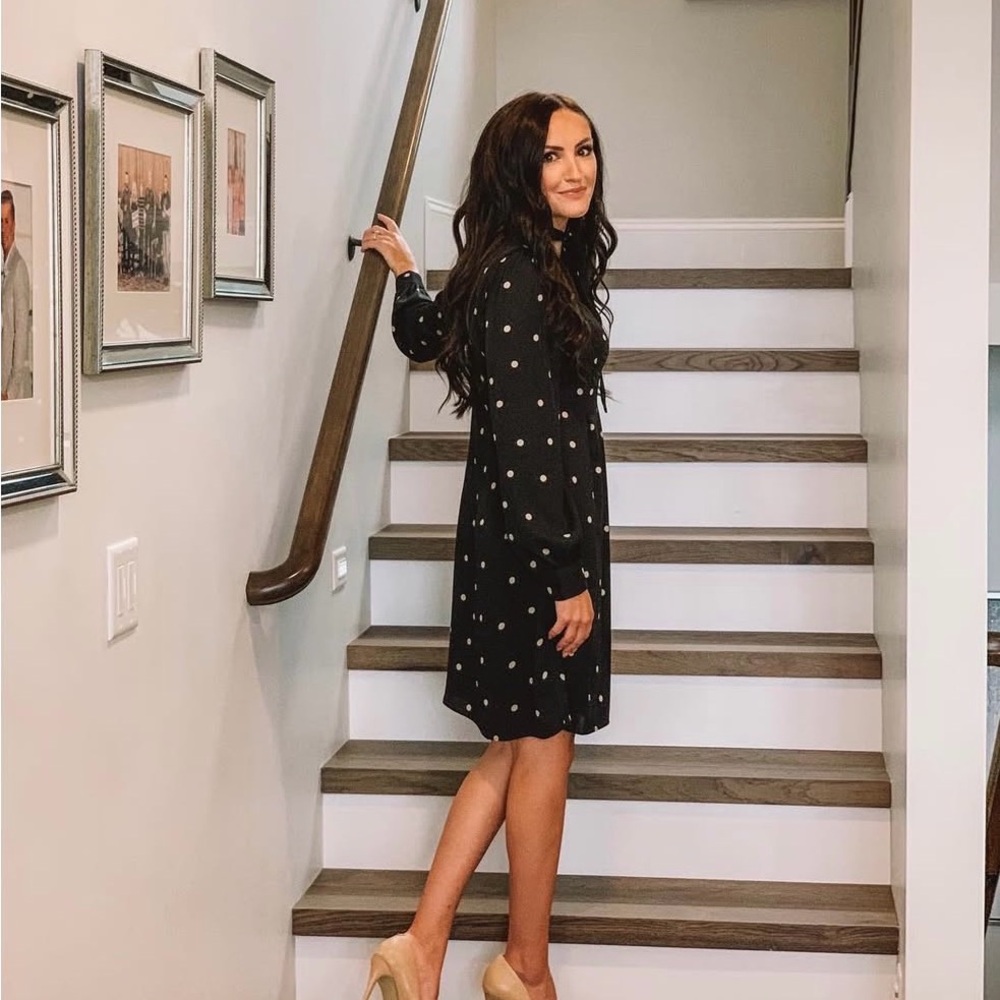 RW&CO Black Polka Dot Tie-Neck Dress XXS Petite | Long Sleeve